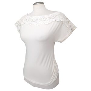 E&M Women's Cream Lace Short Sleeve Top Size Medium White Blouse